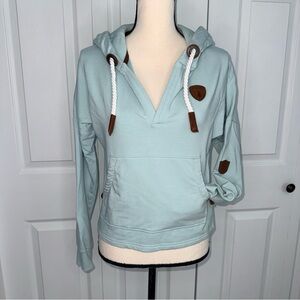 Wanakome light Blue / Mint  Crop Pullover Hoodie‎ with Brown Accents size Small